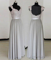 A-Line Gray Long Prom Dress, Gray Lace Bridesmaid Dress